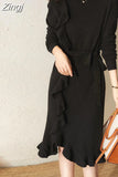O-neck Ladies Knitted Dresses Women Long Sleeve Ruffles Slim Lace-up Female Sweater Dress Women Clothing Winter