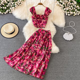 For Woman Floral Sexy Boho Two Piece Set Sexy Chic Midi Skirt Casual Suit Vacation Beach Maxi