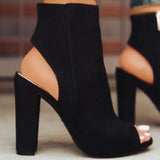 Boots Faux Suede Leather Casual Open Peep Toe High Heels Zipper Fashion Square Rubber Black Shoes For Women Plus Size