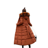 2024 Winter Tie Long Padded Clothes Korean Version Over The Knee Thick Warm Hooded Solid Color Big Wool Collar Down Cotton Suit-Outfit