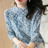 Style Spring Summer Stand Collar Women Chiffon Blouses Shirts Lady Casual Printed Chinese knot Collar Blusas