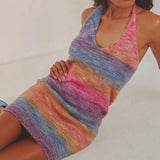 Style Knitted Dress Chic Women Summer Sexy Backless Deep V-neck Halter Dress Y2K Streetwear Vacation Casual