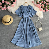Zingj Temperament Fashion V Collar Fly Sleeve Dress Simple Pure Color Waist Belt Pleated Long