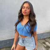 Sexy Women Button Knitted Short Sleeve Korean Style Ribbed Summer Crop Top clothes tshirt shirt vintage t-shirt
