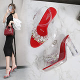 Shuzumiao 2020 Summer New Sandals Women Fashion Rhinestones Square Heel Transparent Women Shoes High Heels11cm Female Party