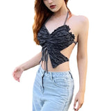 Zingj Summer New Women's Hot Girl Pleated Do Old Butterfly Modeling Tie Hanging Neck Small Vest-Outfit