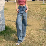 Small Flower Jeans Women Hit The Color Leather Standard High Waist Pendant Feeling Broad Legs Loose 100 Straight Tube Floor