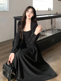 Elegant Party Casual Lady Long Dresses Retro Folds Puff Sleeves Fashionable Sexy Design Slimming Waist Green Dress 211-0-Outfit