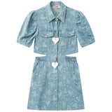 Clothing Denim Dress Polo Collar Button Puff Short Sleeve Dew Waist Casual Fashion High Waist Short Skirt Ladies