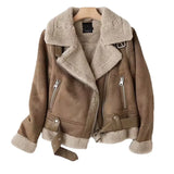 Winter New Women's Double-Sided Fur Integrated Suede Motorcycle Style Jacket Coat