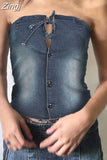 Vintage Streetwear Strapless Bodycon Tube Tops Female Y2K Lace Up Buttons Summer Denim Tank Top Short Chic Crop