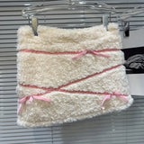 White Plush Faux Fur Pink Stripe Mini Skirt- Outfit