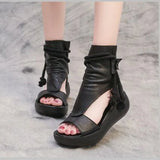 New Summer Black Women Leather Sandals Cool Boots Platform Shoes Wedges Sandals Women Shoes Fashion Outdoor