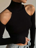 Basic Black Turtleneck Sweater Pullovers Hollow Out Off Shoulder Skinny Casual Sweaters Streetwear Women Knitwear