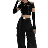 Zingj Women's Wear 2024 Autumn And Winter New Fashion Logo Slim Round Collar Off-The-Shoulder Short T-Shirt Women-Outfit