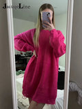 O Neck Oversized Mini Knitted Women Sweater Dress Autumn Winter Long Sleeve Elegant Street Casual Loose
