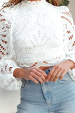 Elegant Women Long Sleeve Lace Blouses Tops White Casual Crochet Hollow Out Turtleneck Stylish Shirts Female