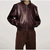 Burgundy Pu Leather Zipper Biker Jacket- Outfit