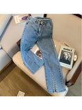 Summer New Women's Denim Pants Fashion High Waisted Pearls Beaded Split Trousers Sexy Slim Y2k Stretch Trumpet Jeans