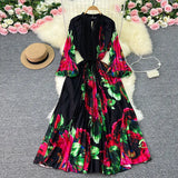 Zingj Luxury Retro French Round Collar Lantern Long Sleeve Print Dress Women's Belt With Loose Waist Show Thin Pleated