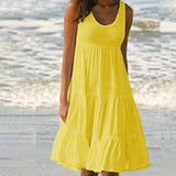 Casual Sleeveless O Neck Ruffles Mini Dress Elegant Solid Beach Dress Oversized Loose Dress 2021 Summer