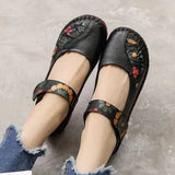 Spring Fashion Flower Design Round Toe Soft Bottom Flat Shoes Vintage Genuine Leather Women Flats Girl Loafer Large