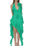 Sexy Y2K Ruffles Fairy Dresses Halter 3D Flower Dress Asymmetrical Mesh See Through Beach Party Club Outfits
