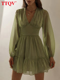 Fashion Clear Puff Sleeve Women's Dresses Elegant V-neck Pleated Green Dress Autumn High Waist Mini Dress Female