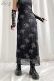 Gothic Grunge Floral Print Slip Mesh Dress Long Ladies Fashion Chic Y2K Double Layer Sexy Maxi Dresses 90s