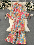 American Fashion Senior Suits Bow Collar Batwing Sleeve Top+Pleated Long Pant 2023 Women Casual Loose Printed