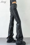 Spring Autumn Cool Casual Soft Black Pu Leather Floor Length Flare Pants for Women High Waist Korean Style Fashion