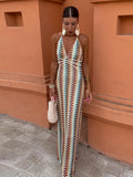 Contrast Embroidery Lace Up Halter Long Dress Women Sexy V Neck Backless Off Shoulder Robe 2024 New Lady Holiday