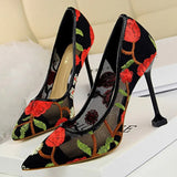 Shoes Woman Pumps Flower Embroidery Lace High Heels Sexy Party Shoes Stiletto Fashion Women Heels Mesh Women