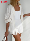 Casual White Women's Suit Fashion High Waist Shorts Set Female Elegant Loose Long Sleeve Lace-up Robes Two Piece