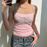 Lace Trim Printed Ribbed Crop Cami TopOutfit