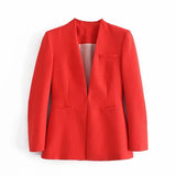 Solid Casual Women Suit Blazer Jacket Office Lady Double Pocket Cardigan Simple Coat Elegant Chic Streetwear