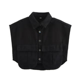 Color Women's Clothing 2025 Spring Solid Color Big Pocket Sleeveless Polo Collared Denim Shirt