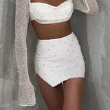 Pearl Sexy Dress Sets Women Square Collar Full Sleeve And Split Skirt Matching Sets Female Club Party Two Piece