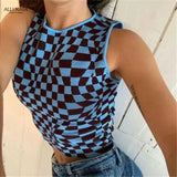 Tank Tops 2021 Plaid Printed Y2K Knitted Summer Harajuku Vintage Crop Tee Streetwear Aesthetic Cute Shirts