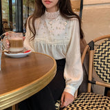 New Lace Stand Collar Long Sleeve Blouse Embroideried Flower Chic Women Shirt Autumn New Tops Chemise