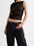 Lace Floral See Through Tank Tops for Women Mesh Sheer Sleeveless Tassels Sexy Black Slim Mini Vests Streetwear