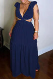 Ruffle Long Skirt V-neck Solid Color