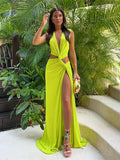 V Neck Hollow Out High Waist Split Maxi Dress Women Sleeveless Pleated Floor Length Robes 2024 Summer Lady Beach