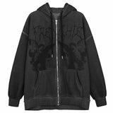 Gothic Streetwear Skeleton Print Oversize Hoddie Women Punk Harajuku Hip Hop Zipper Sweatshirt Female Mall Goth