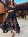Black Lace Skirt Two Piece Set Long Sleeve V-neck Super Short Top High Waist See Through Skirt Suit Summer Beach Style