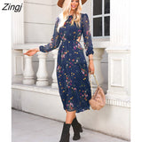 Ditsy Floral Print Chiffon Cutout Maxi Dress For Women Sexy O-neck Long Sleeve Party Dress 2023 Spring Autumn