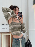 Grunge Tie Dye T Shirt Women Two Piece Tops Y2k Vintage T-shirt E Girl Striped Crop Tops Lace Up Tee Shirts Beach