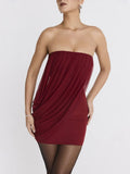 Burgundy Strapless Draped Mini Dress- Outfit