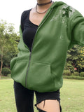 Y2K Print Green Women Hoodies Oversized 2022 Autumn Winter Zip Up Hoodie Vintage Casual Long Sleeve Hooded