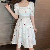 Dresses 2020 New Summer Wear Flower Embroidery White Color Young Lady Elegant Dress Short Sleeve Cotton Female